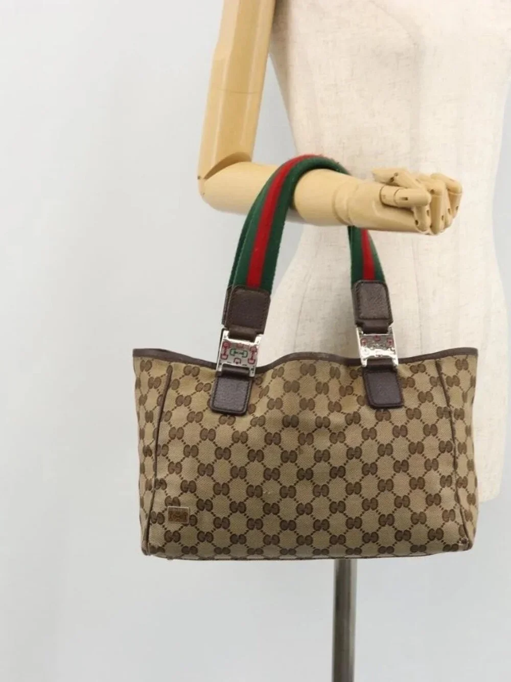 GUCCI GG Canvas Web Sherry Line Hand Bag Beige Red Green 145810 Auth 175735